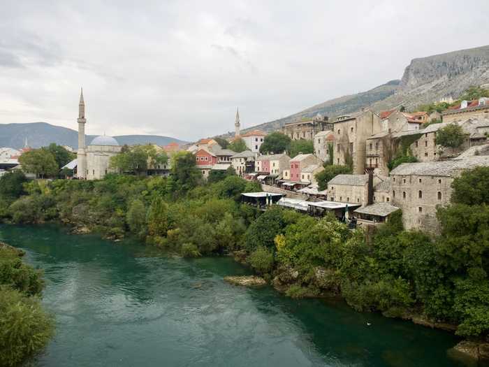 mostar river old city mountains turquoise